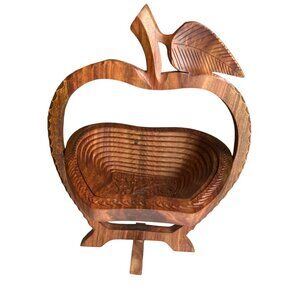 Handcrafted Wooden Apple-Shaped Collapsible Basket With Intricate Floral Design